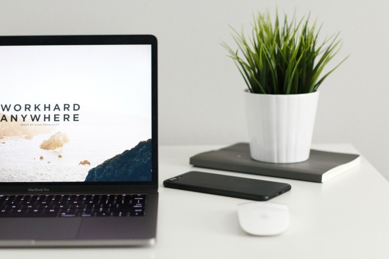 Website erstellen lassen: Auf einem Tisch stehen ein Laptop, eine weiße Maus, Handy und eine Pflanze, die auf einem Notizbuch steht. Auf dem Laptopbildschirm ist der Schriftzug "Workhardanywhere" zu sehen